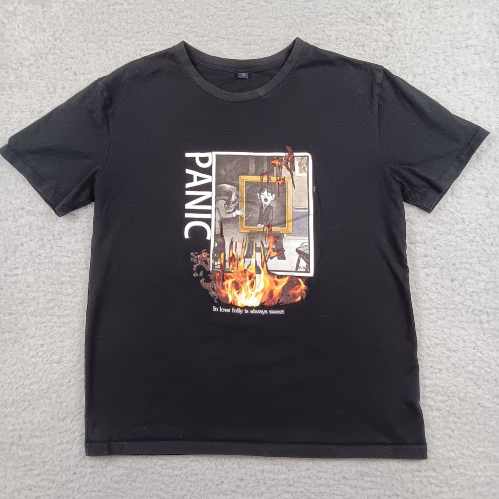SHEIN T-shirt Panic Graphic Art Men M Black Cotton Short Sleeve